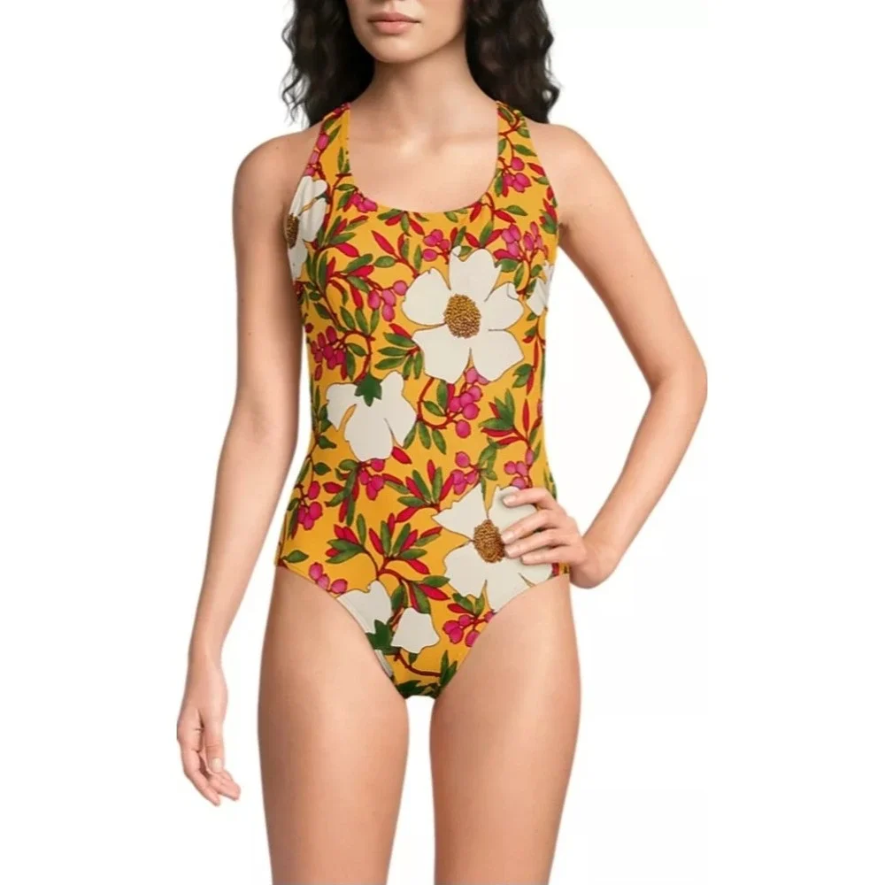 Lands End Tugless X-Back Sweet Mango Floral Blossom One Piece Swimsuit Sz 14
